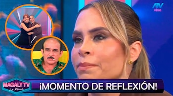 Una mujer en primer plano, dos insets circulares. El inset superior muestra dos mujeres, el inferior un hombre. Logos de ATV y Magaly TV.