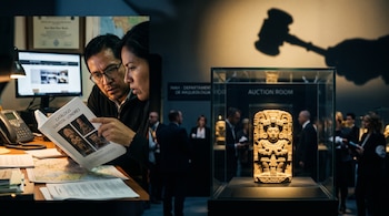 Dos personas leen un catálogo junto a una vitrina con una escultura prehispánica y la sombra de un mazo de subastas al fondo.