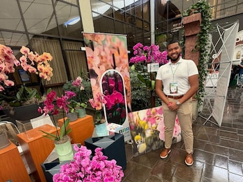 Un hombre de pie junto a macetas con orquídeas rosadas y amarillas, carteles publicitarios y suelo de baldosas