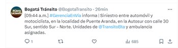 Debido al accidente en Puente Aranda se reporta congestión vehicular por la Calle 30 sentido hacia el norte a la altura de la autopista Sur - crédito @BogotaTransito/X