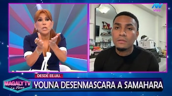 Pantalla dividida de televisión con Magaly Medina en un estudio a la izquierda y un hombre conectado por videollamada a la derecha