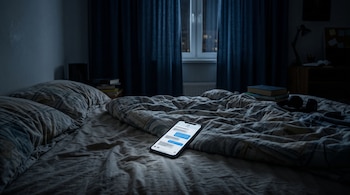 Teléfono móvil con la pantalla encendida sobre una cama deshecha en una habitación oscura con cortinas y una ventana al fondo.