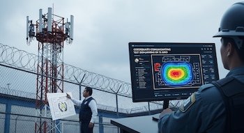 Un hombre sostiene un documento con el escudo de Guatemala junto a una torre de comunicaciones y una cerca de alambre de púas, mientras otro observa un monitor con un mapa de calor.