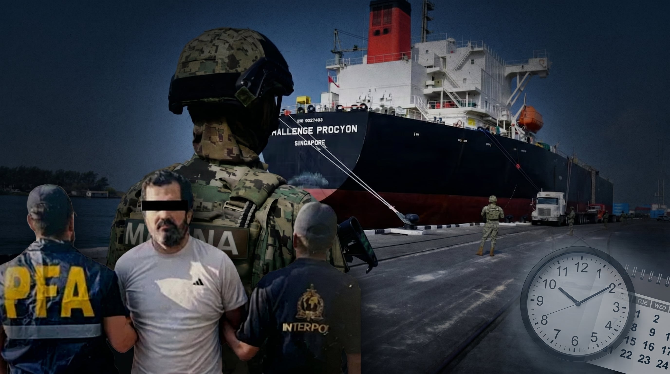 El contralmirante mexicano Fernando Farías Laguna es escoltado por agentes de la PFA e Interpol en Argentina, en un caso relacionado con el tráfico de hidrocarburos y el buque Challenge Procyon. (Imagen Ilustrativa Infobae)