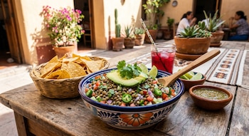 Ceviche de lentejas en un tazón decorado con aguacate, cilantro y lima, junto a totopos, bebida y salsa verde sobre mesa rústica en un patio