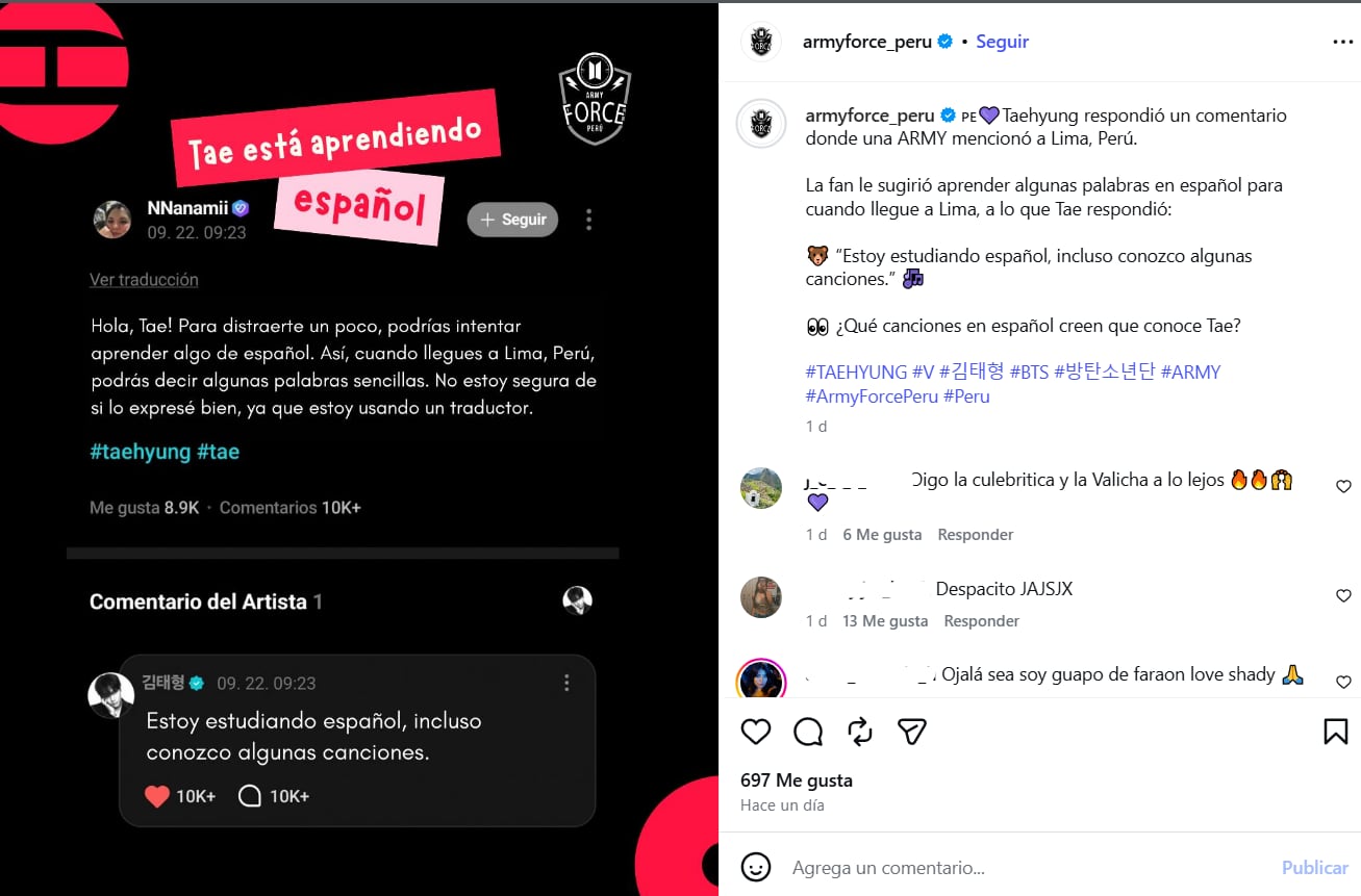 Taehyung de BTS respondió a una fan peruana y reveló que aprende español previo a su llegada a Lima.