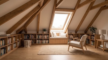 Interior de un ático con techo inclinado y vigas de madera, estanterías llenas de libros, ventana de tejado, asiento con cojines, sillón, alfombra y plantas.