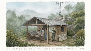Ilustración en acuarela de una cabina de radio clandestina con operadores, equipos de transmisión, un hombre armado, una antena y un paisaje selvático.