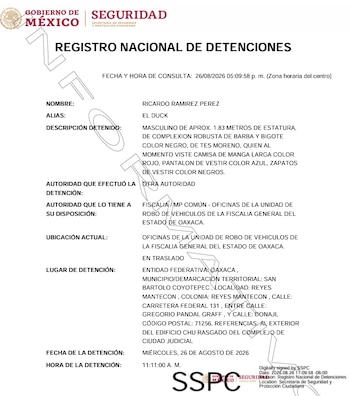El Registro Nacional de Detenciones reveló los detalles de la aprehensión contra el servidor público. Crédito: RND