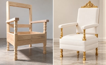 Sillones (réplica realizada en Santa Fe, a la izquierda) y original utilizadas por el Papa León XIV