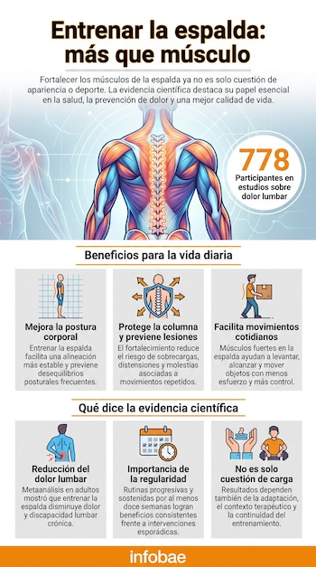 Infografía sobre el entrenamiento de espalda. Contiene ilustración de músculos dorsales, número 778, y tres secciones con iconos y texto explicativo.