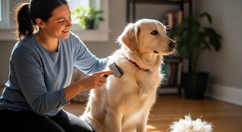 Una mujer de cabello oscuro con una coleta, vestida de azul, sonríe mientras cepilla a un perro Golden Retriever sentado en un suelo de madera bajo la luz del sol.