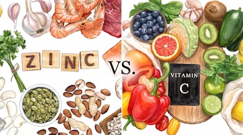 Ilustración en acuarela con mariscos, frutos secos y la palabra zinc al lado izquierdo, y pimientos, cítricos y el texto vitamina C al derecho.