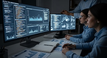 Tres personas en una oficina oscura, dos sentadas y una de pie, miran pantallas de computadora que muestran gráficos, texto y código de inteligencia artificial.