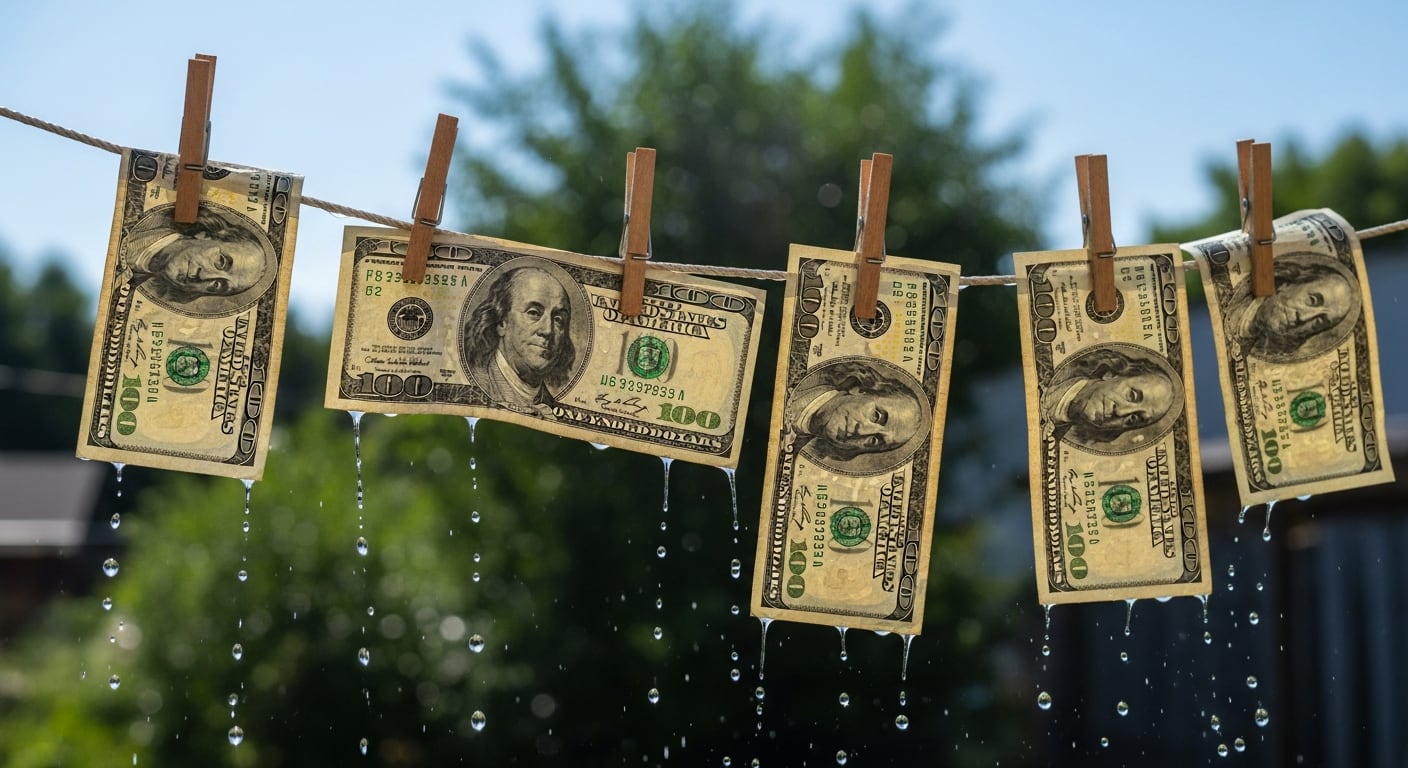 Varios billetes de cien dólares recién lavados se secan colgados en un tendedero al aire libre, con el agua goteando de ellos. (Imagen Ilustrativa Infobae)