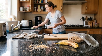 Migas, una banana y hormigas sobre una encimera de cocina, con una mujer limpiando la superficie en el fondo.