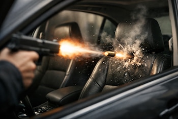 Una mano empuña un arma de fuego que dispara una bala hacia el reposacabezas de un asiento de automóvil, causando una explosión de material y humo.