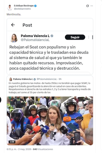 El exsecretario de Gobierno Esteban Restrepo criticó la propuesta de Paloma Valencia sobre el Soat - crédito @estebanrestre/X