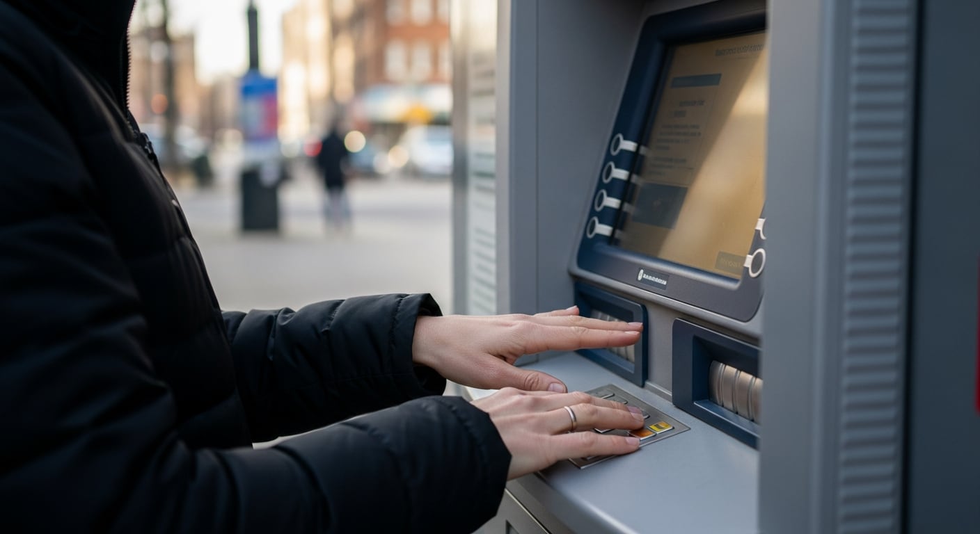 Una persona utiliza un cajero automático en una calle urbana, realizando una transacción financiera en un entorno cotidiano. La imagen resalta la importancia de los servicios bancarios electrónicos para el acceso rápido y seguro al dinero en espacios públicos. (Imagen Ilustrativa Infobae)