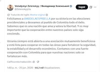 Volodymyr Zelenskyy, presidente de Ucrania, felicitó a Abelardo de la Espriella - crédito @ZelenskyyUa/X