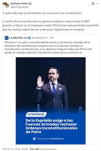 El presidente saliente sostuvo que no ha dado ninguna indicación a las Fuerzas Armadas que vaya en contra de la ley colombiana - crédito @petrogustavo/X