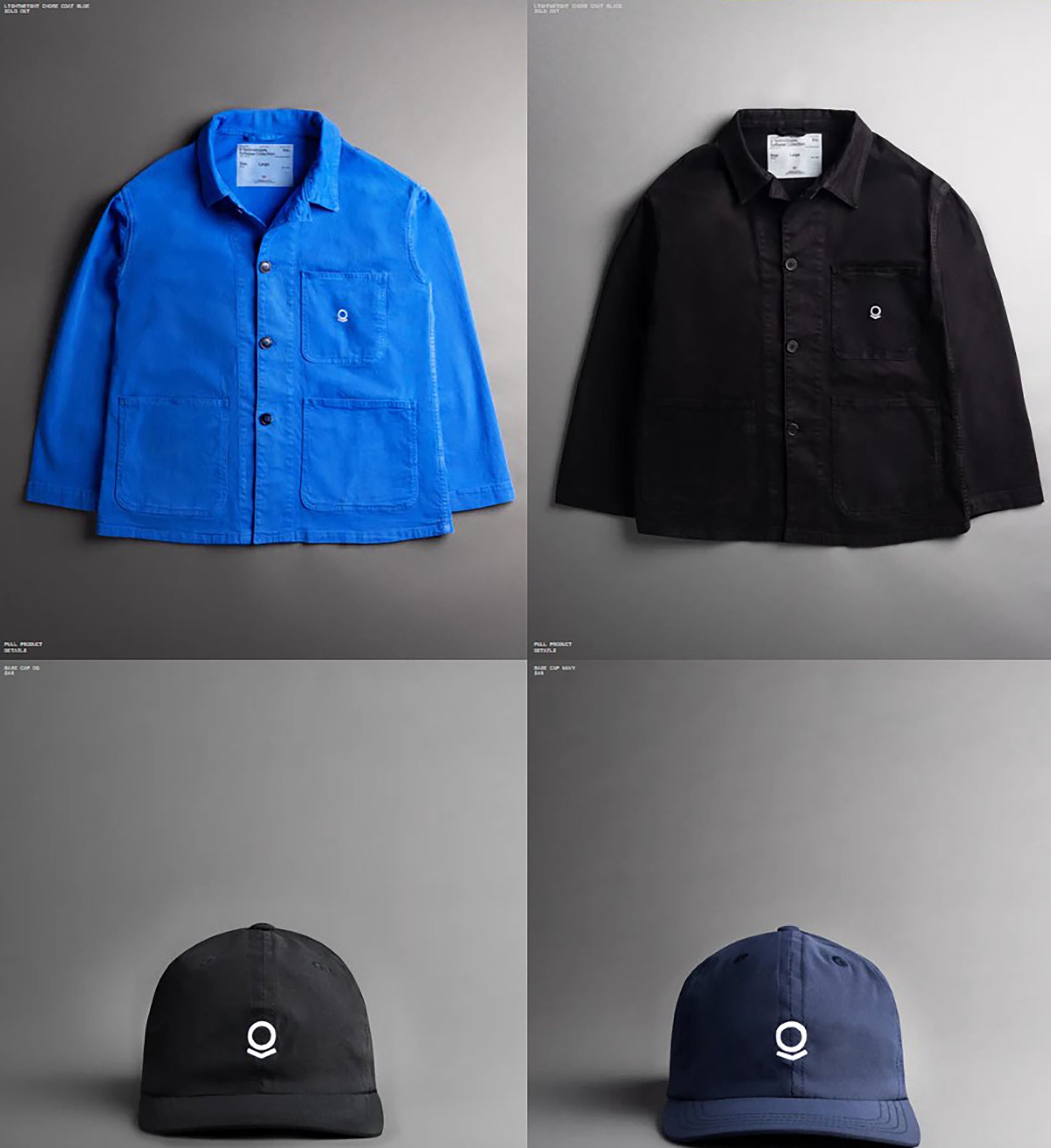 La nueva línea de indumentaria de Palantir Textil Sankar Atomos vs Bits incluye chaquetas de trabajo en azul y negro, complementadas con gorras a juego, destacando funcionalidad y estilo.
