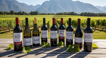 Nueve botellas de vino de diferentes tipos, con hojas de parra, sobre una mesa de madera. Un viñedo verde y montañas dominan el fondo.