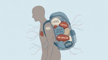 Cuerpo humano de perfil, mochila semitransparente con piedras: estrés, cortisol, presión arterial, inflamación, fatiga; líneas dirigen a corazón, cerebro, abdomen.