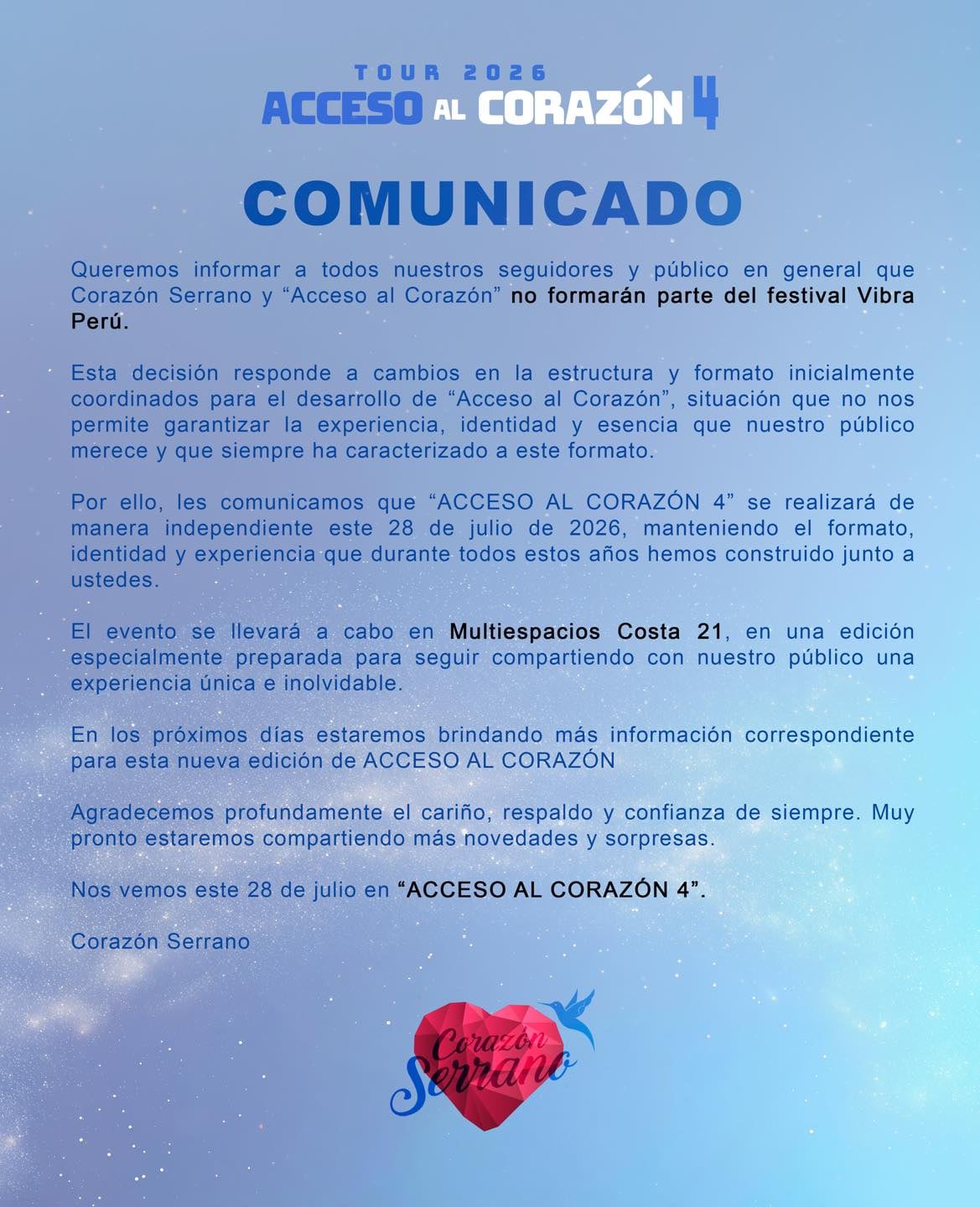 Corazón Serrano emite un comunicado oficial anunciando su retiro del Festival Vibra Perú 2026 y confirmando un concierto independiente, 'Acceso al Corazón 4', el 28 de julio en Multiespacios Costa 21.