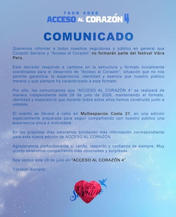 Comunicado oficial de Corazón Serrano en texto blanco sobre un fondo azul claro con nubes, anunciando cambios en su participación en eventos