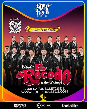 Cartel promocional con los integrantes de la Banda El Recodo, un código QR y la fecha del evento