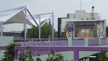 Pantalla monumental donde se espera tener proyecciones cinematográficas al aire libre en Calzada Flotante de Tlalpan. (Foto: Jaqueline Viedma/Infobae México)