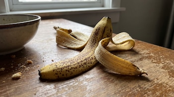 Un plátano amarillo con manchas marrones y su cáscara parcialmente abierta descansa sobre una mesa de madera. Un cuenco de cerámica y algunas migas están cerca.