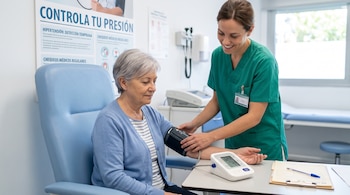 Una profesional de la salud coloca un tensiómetro en el brazo de una mujer sentada frente a un monitor digital de presión.