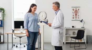 Una mujer adulta se para sobre una balanza de pie con reloj analógico en un consultorio. Un médico con bata blanca observa la balanza y sostiene un portapapeles.