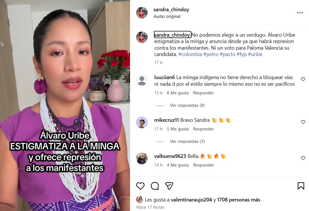 El mismo miércoles 18 de marzo que se conocieron las declaraciones del expresidente Uribe, Chindoy le contestó al dirigente político antioqueño - crédito @sandra_chindoy/IG