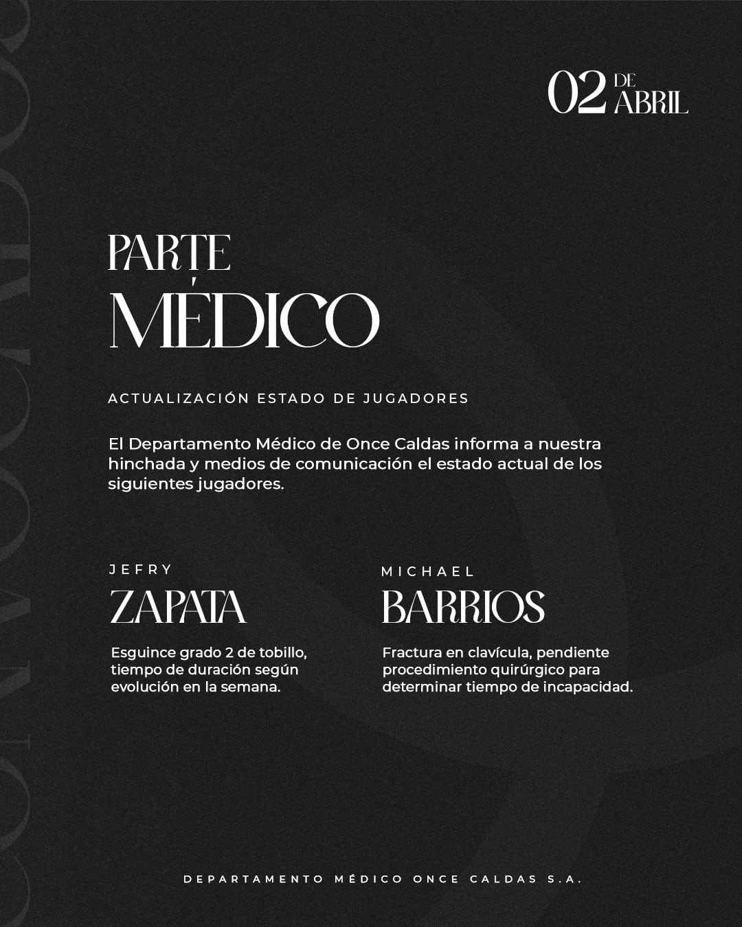 Jugadores de Once Caldas que se encuentran en el departamento médico - crédito Once Caldas