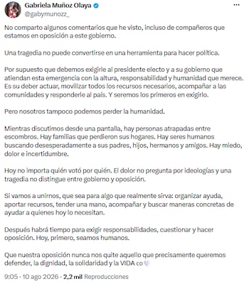 Gabriela Muñoz llama a la solidaridad y rechaza el uso político de la tragedia - crédito @gabymunozz_/X