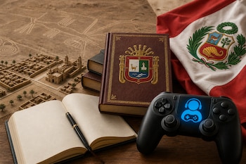 Una maqueta antigua, libros con escudo, una libreta abierta, la bandera de Perú y un mando de videojuego sobre una mesa.