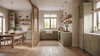 Una cocina con muebles de color verde, mesa de madera, lámparas colgantes y una puerta plegable de cristal y madera.