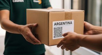 Caja de cartón siendo entregada entre dos pares de manos. En la caja, una etiqueta blanca con la palabra Argentina y un código QR.