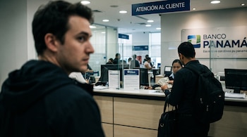Un hombre de perfil en primer plano observa la ventanilla de un banco donde un cliente cuenta dinero en efectivo.