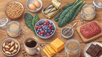 Ilustración cenital con recipientes que contienen garbanzos, huevos, sardinas, frutos rojos, avena, carne, café, queso y chocolate sobre madera.
