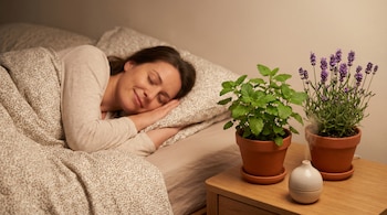 Mujer durmiendo plácidamente en su cama. En la mesita de noche, una planta de toronjil de hojas verdes y una planta de lavanda con flores moradas en macetas de terracota.