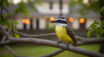 Un pájaro benteveo de plumaje amarillo brillante y negro se posa sobre una rama de árbol gruesa. Al fondo, se ve una casa borrosa con luces cálidas en bokeh.