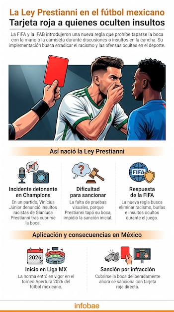 Infografía sobre la Ley Prestianni, muestra un árbitro con tarjeta roja frente a dos jugadores de fútbol. Incluye texto explicativo, íconos y la fuente Infobae.