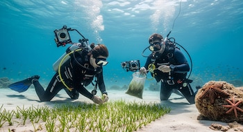 Dois cientistas mergulhando com equipamentos subaquáticos e câmeras, movimentando uma fileira de algas no fundo arenoso, com águas claras e estrelas.
