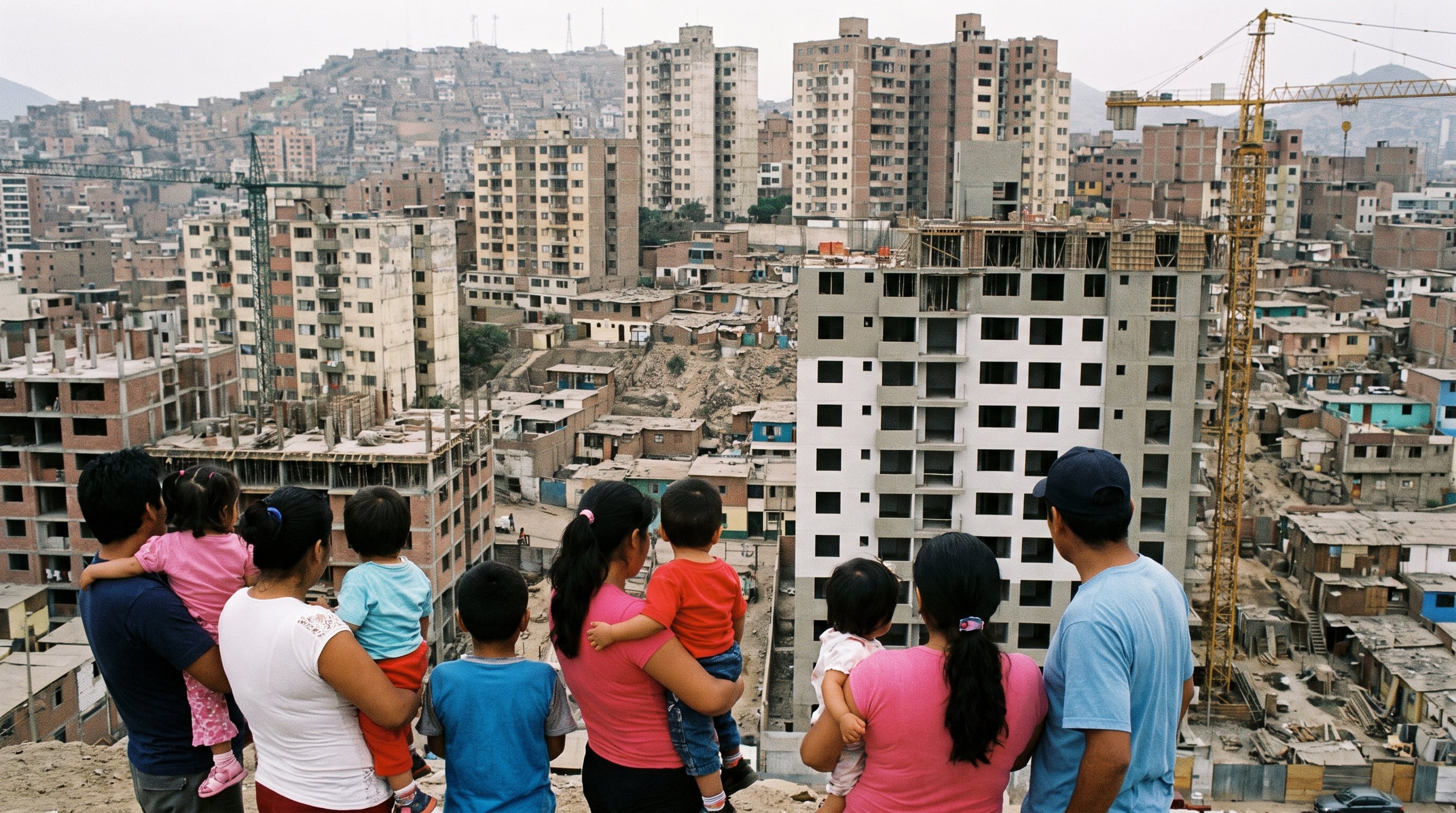 Familias observan el panorama urbano de Lima con edificios en construcción, que ilustra la brecha entre oferta y demanda de viviendas formales en Perú. (Imagen Ilustrativa Infobae)