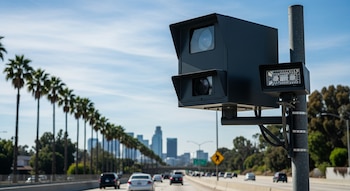 Cámara de velocidad negra con lentes y un flash rectangular montada en un poste gris. En segundo plano, una autopista con coches, palmeras y edificios bajo cielo azul.