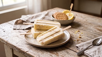 Tres paletas heladas en un plato de cerámica sobre una mesa de madera junto a un recipiente con galletas, rodajas de limón y una cuchara.